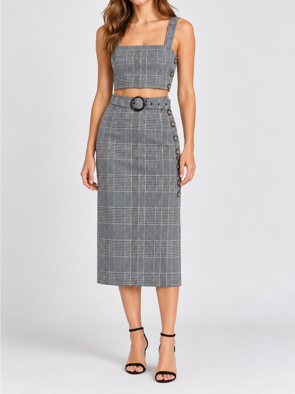 BSL Plaid Bustier Crop Top & Midi Skirt Matching Set Size S